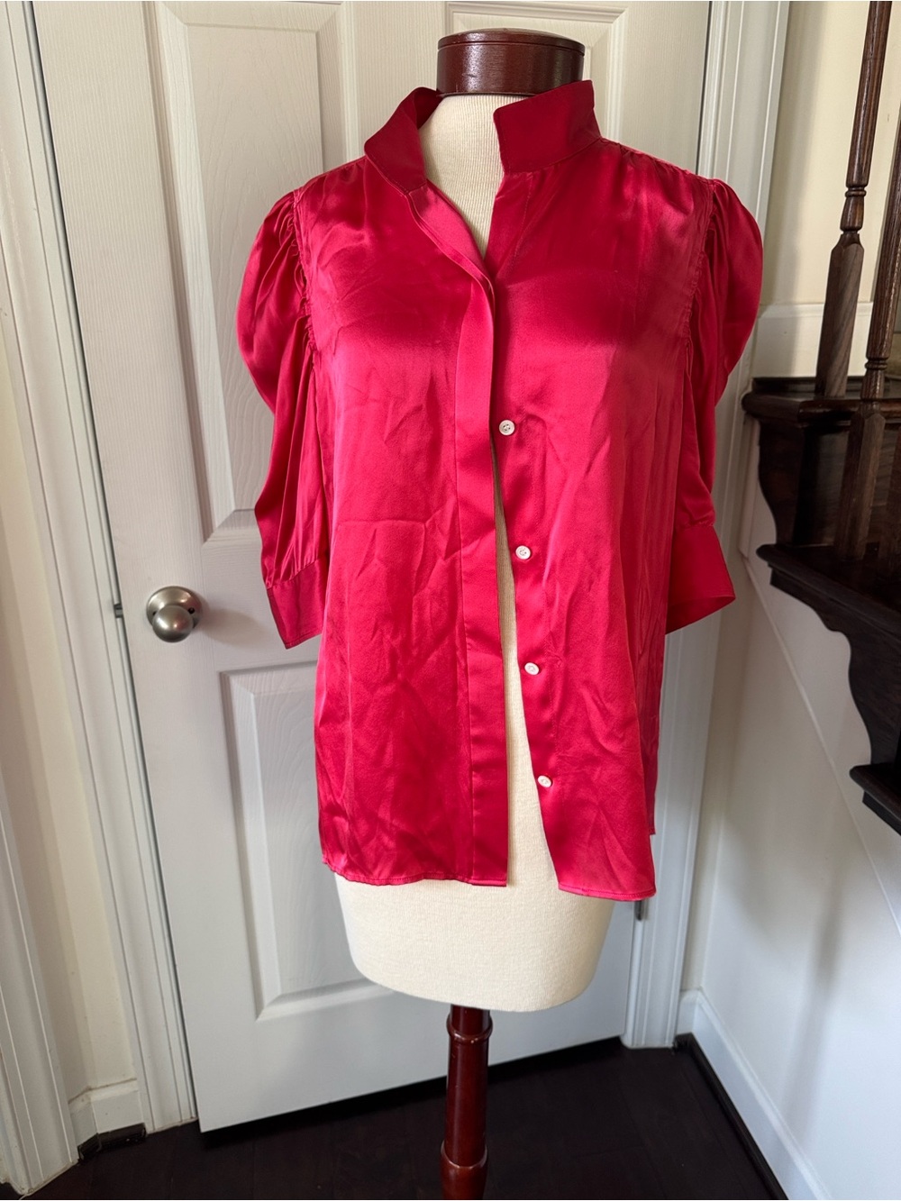 FRAME Gillian 100% charmeuse silk button down puff sleeve blouse XL LIKE NEW